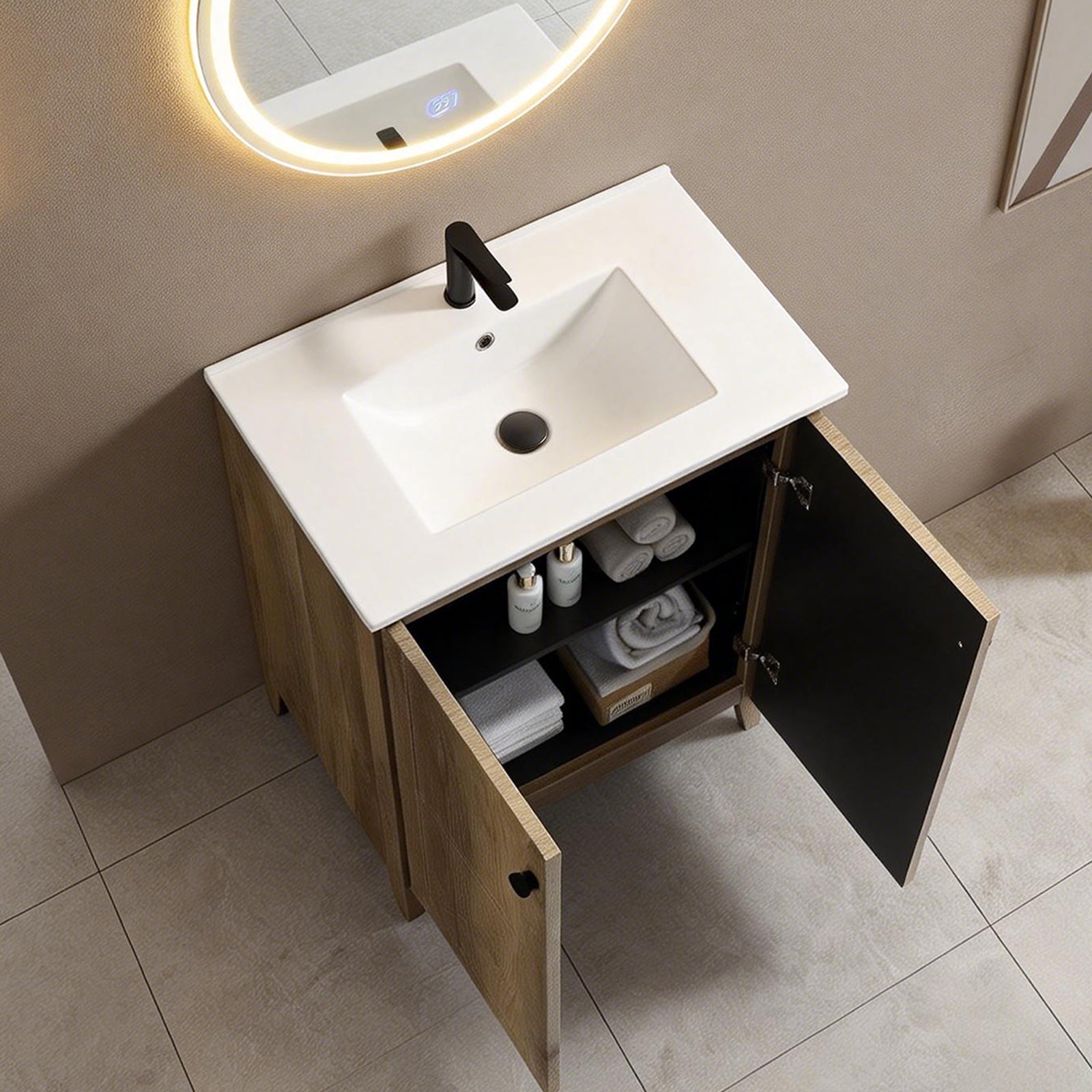 30inch Antique Grey Folding Floor Cabinet With Ceramic Sink– Patented 1-Minute Install, Space-Saving & Easy Assemble,American style