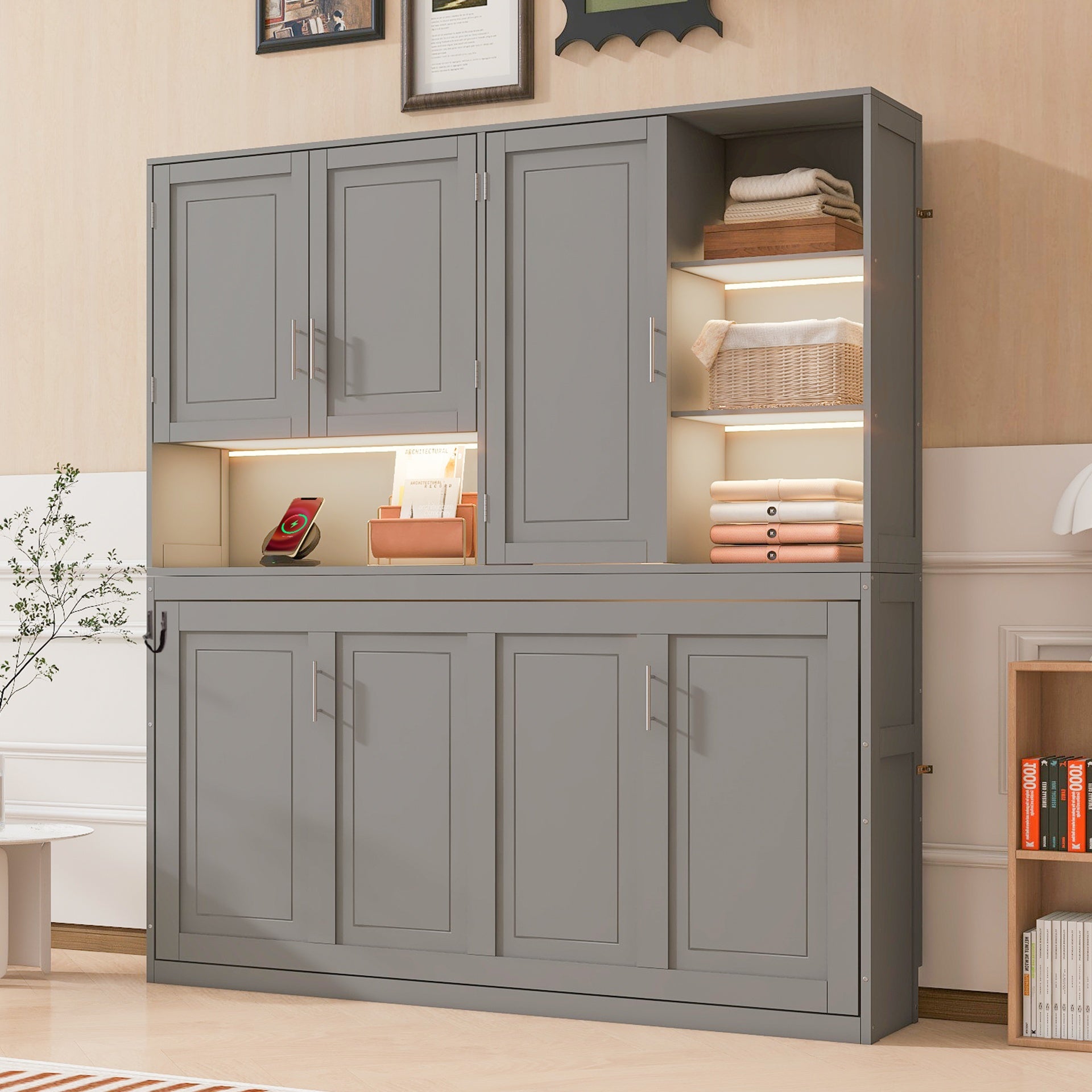 Twin Size Wall Murphy Bed with Top Cabinet, Shelves ,Space Saving Foldable Bed with Light & USB ,Gray