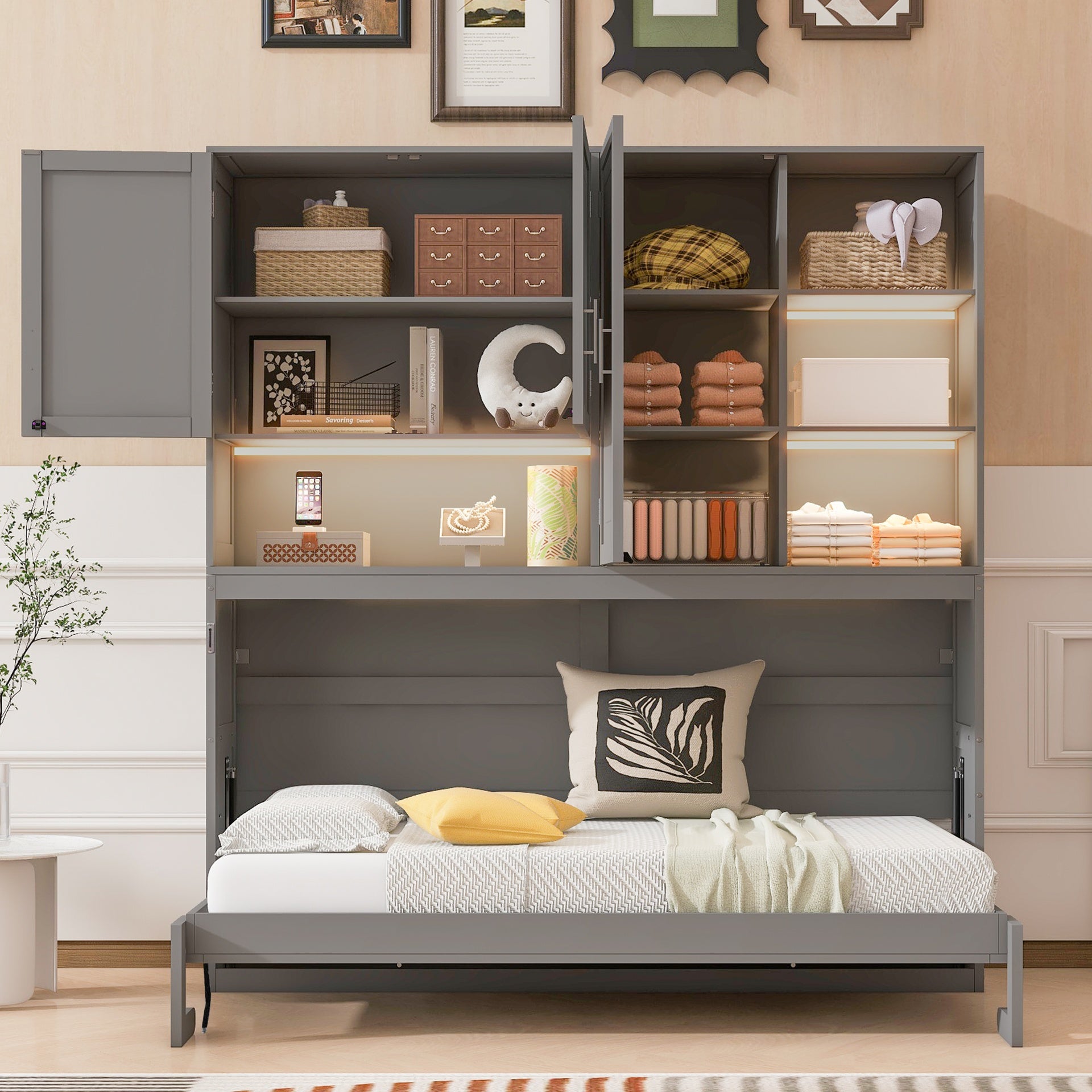Twin Size Wall Murphy Bed with Top Cabinet, Shelves ,Space Saving Foldable Bed with Light & USB ,Gray