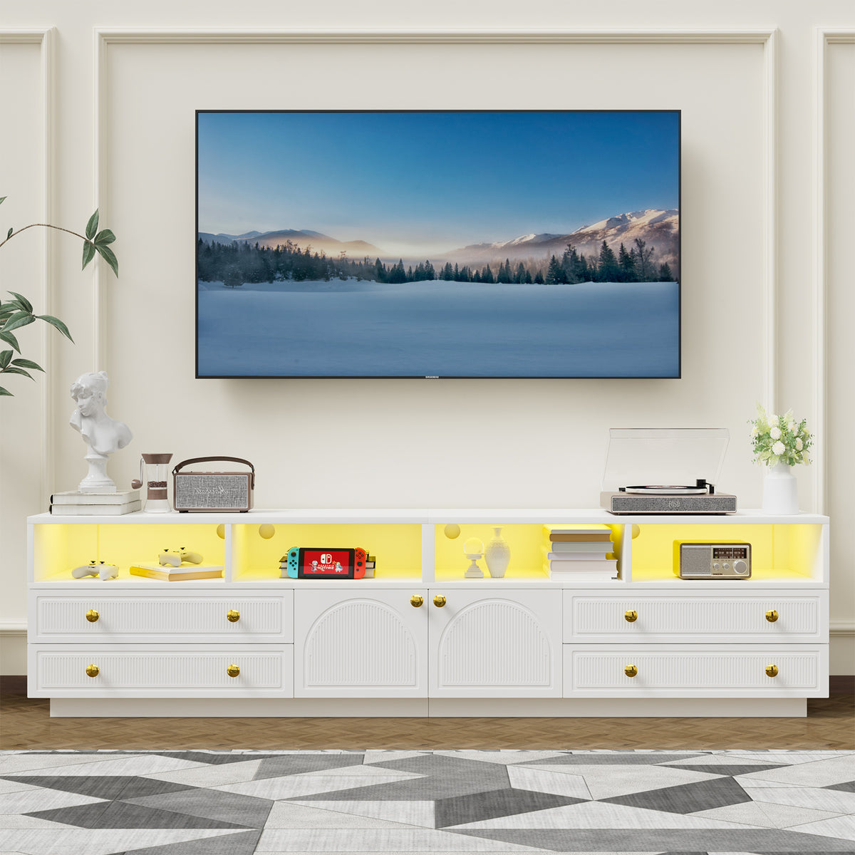 TV Stand for TVs up to 100", High-Gloss TV Entertainment Center with LED Lights and Storage for Living Room, White