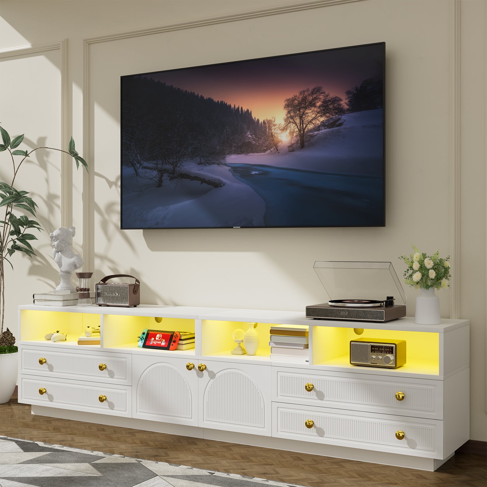 TV Stand for TVs up to 100", High-Gloss TV Entertainment Center with LED Lights and Storage for Living Room, White