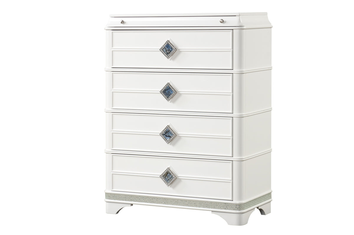 Laguna Modern Style 4-Drawer Chest Made with Wood, Hidden Jewelry Drawer and Crystal Accents in White  same asG150108979  ( NJ inventory)