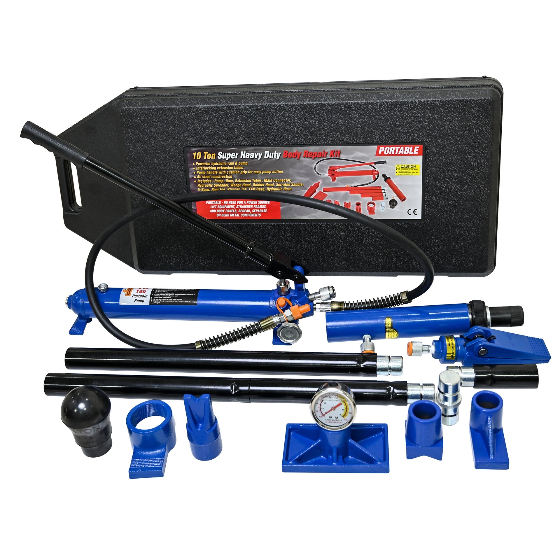 10 Ton (20,000 lbs Capacity) Porta Power Hydraulic  Auto Body Frame Collision Repair Kit Set, 17-Pcs, with Blow Mold Carrying Case and Gauge-Black&Blue