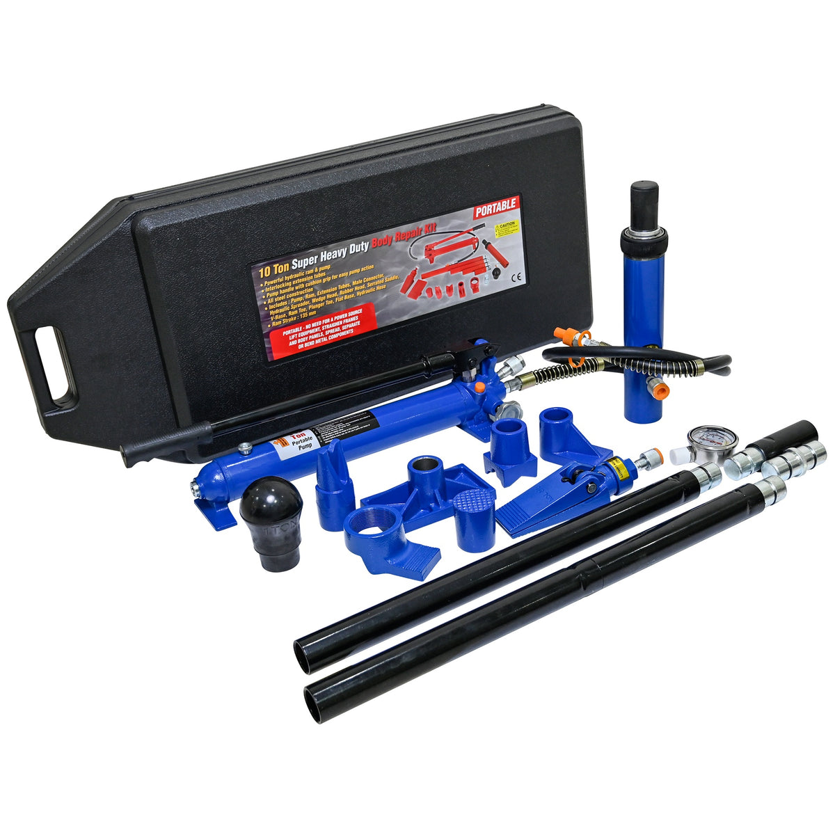 10 Ton (20,000 lbs Capacity) Porta Power Hydraulic  Auto Body Frame Collision Repair Kit Set, 17-Pcs, with Blow Mold Carrying Case and Gauge-Black&Blue