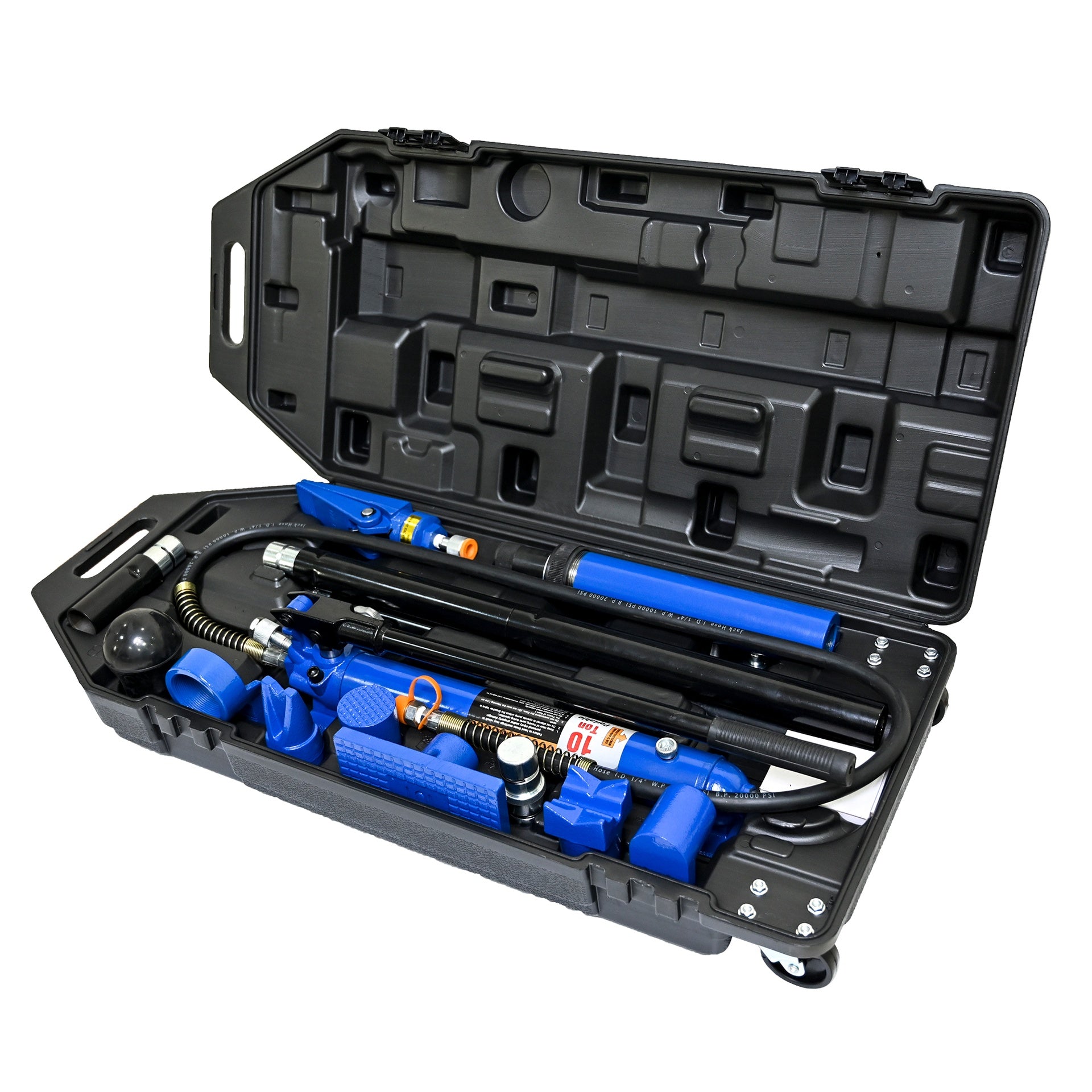 10 Ton (20,000 lbs Capacity) Porta Power Hydraulic  Auto Body Frame Collision Repair Kit Set, 17-Pcs, with Blow Mold Carrying Case and Gauge-Black&Blue