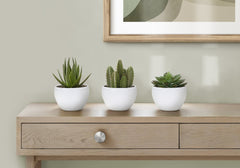 Artificial Plant, 6" Tall, Succulent, Indoor, Faux, Fake, Table, Greenery, Potted, Set Of 3, Decorative, Green Plants, White Pots