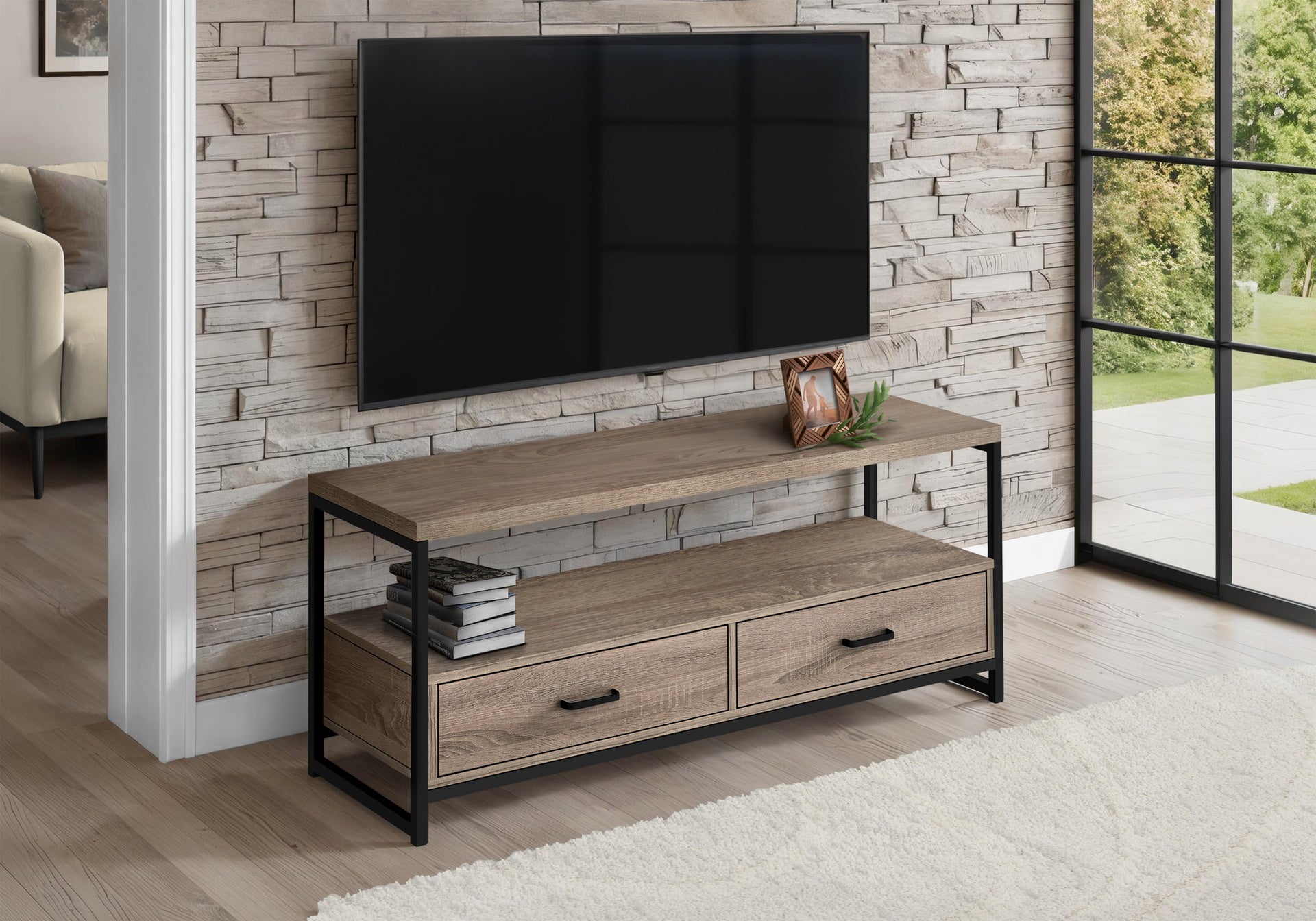 Tv Stand, 48 Inch, Console, Media Entertainment Center, Storage Drawers, Living Room, Bedroom, Brown Laminate, Black Metal, Contemporary, Modern
