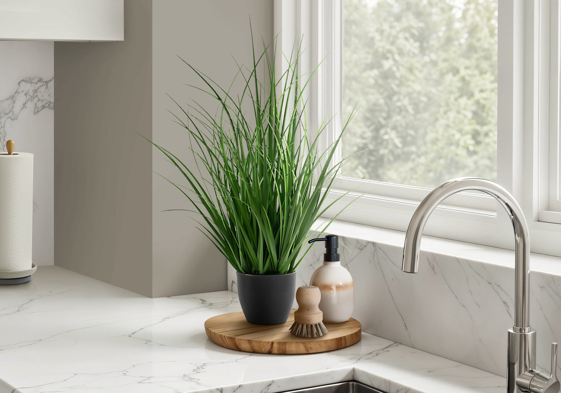 Artificial Plant, 23" Tall, Grass, Indoor, Faux, Fake, Table, Greenery, Potted, Real Touch, Decorative, Green Grass, Black Pot