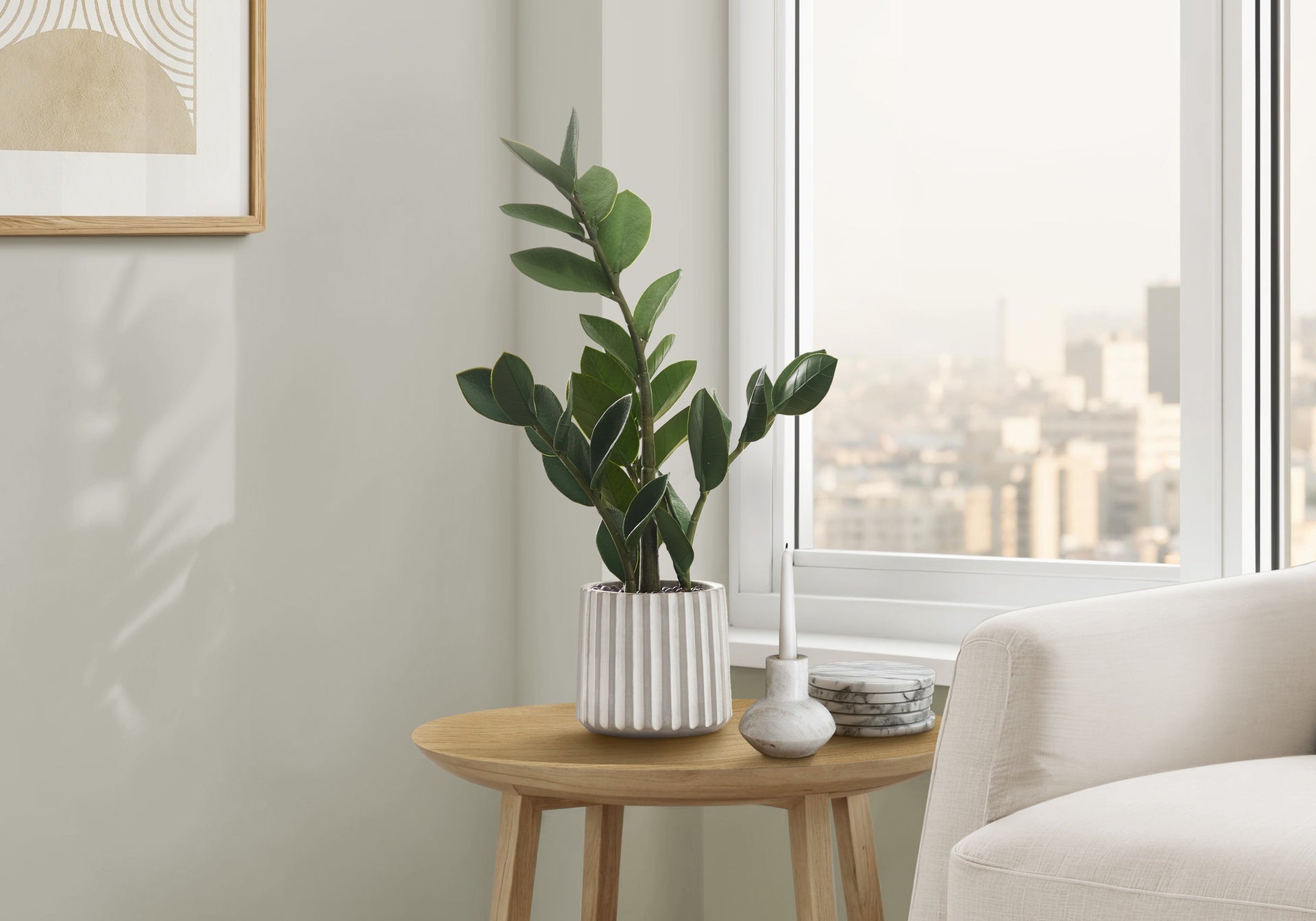 Artificial Plant, 20" Tall, Zz, Indoor, Faux, Fake, Table, Greenery, Potted, Real Touch, Decorative, Green Leaves, Grey Cement Pot