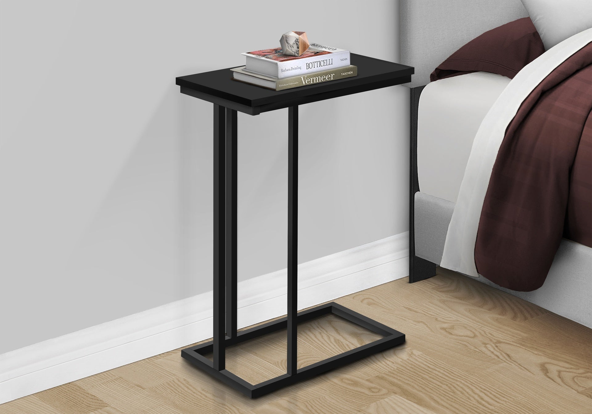Accent Table, C-shaped, End, Side, Snack, Living Room, Bedroom, Black Laminate, Black Metal, Contemporary, Modern