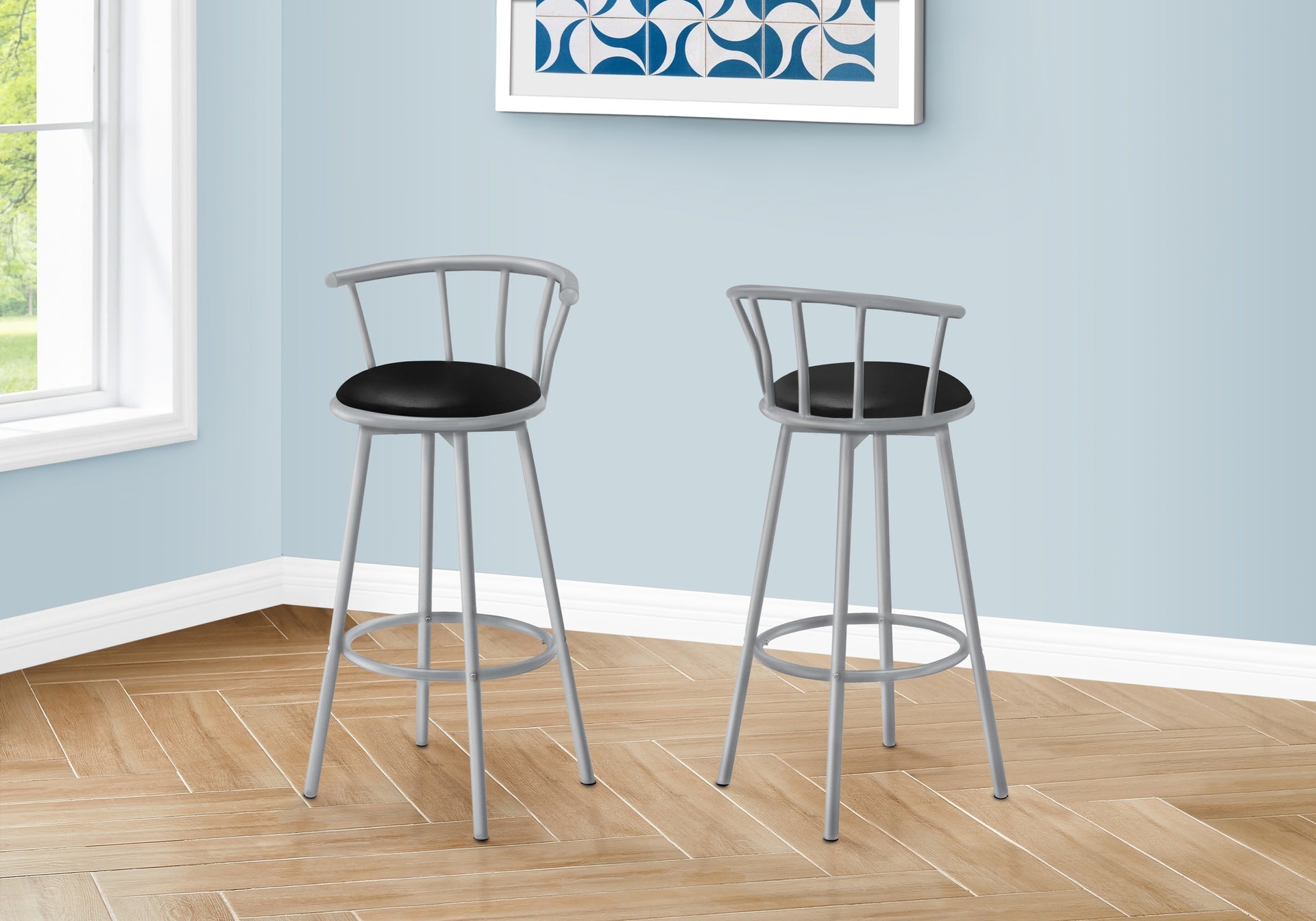 Barstool, Set Of 2, Swivel, Bar Height, Grey Metal, Black Leather Look, Contemporary, Modern