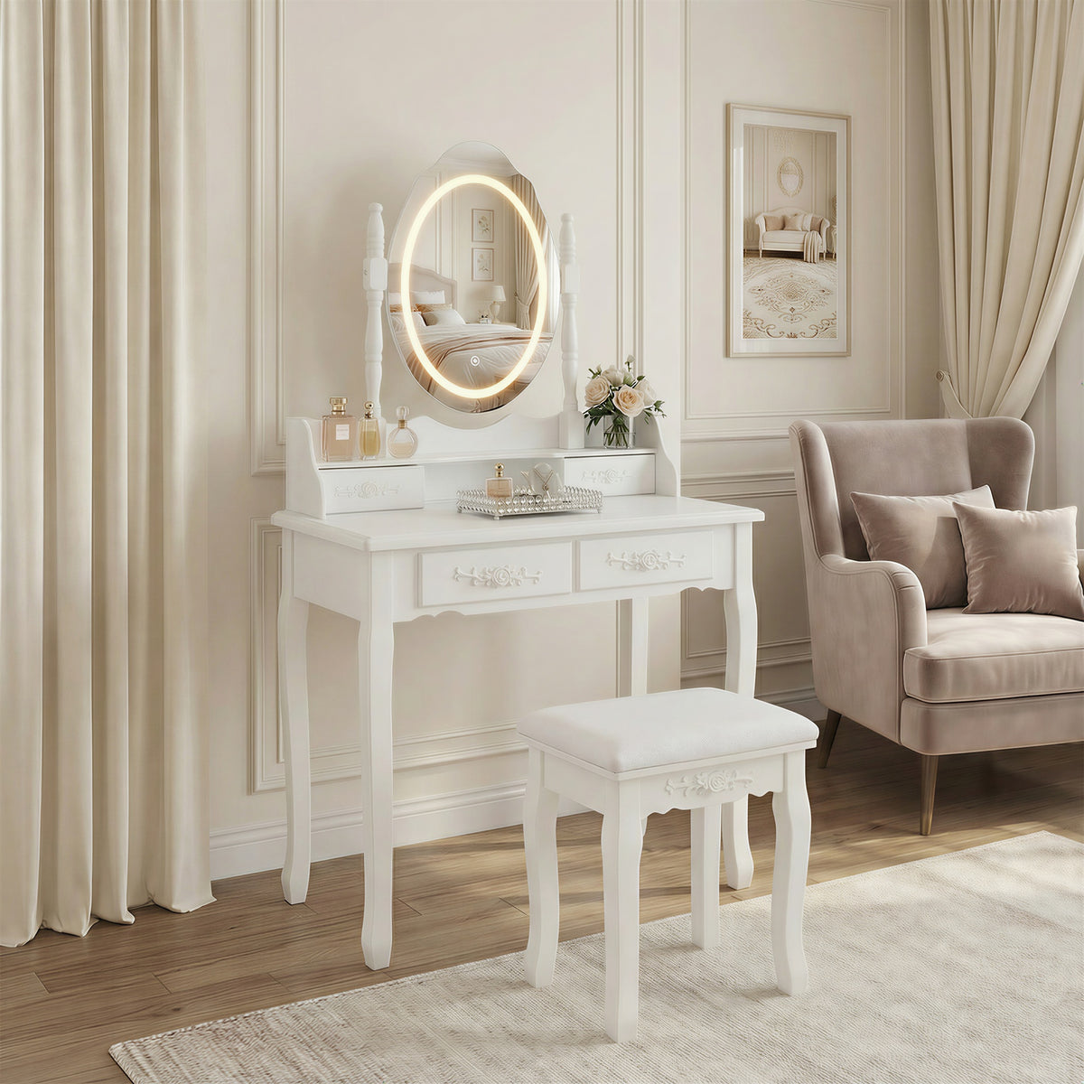 White Princess Vanity Desk Set with Mirror & Cushioned Stool,Light Modes,4-Drawer Wooden Makeup Vanity Table for Girls' Bedroom, Dressing Table with Ample Storage