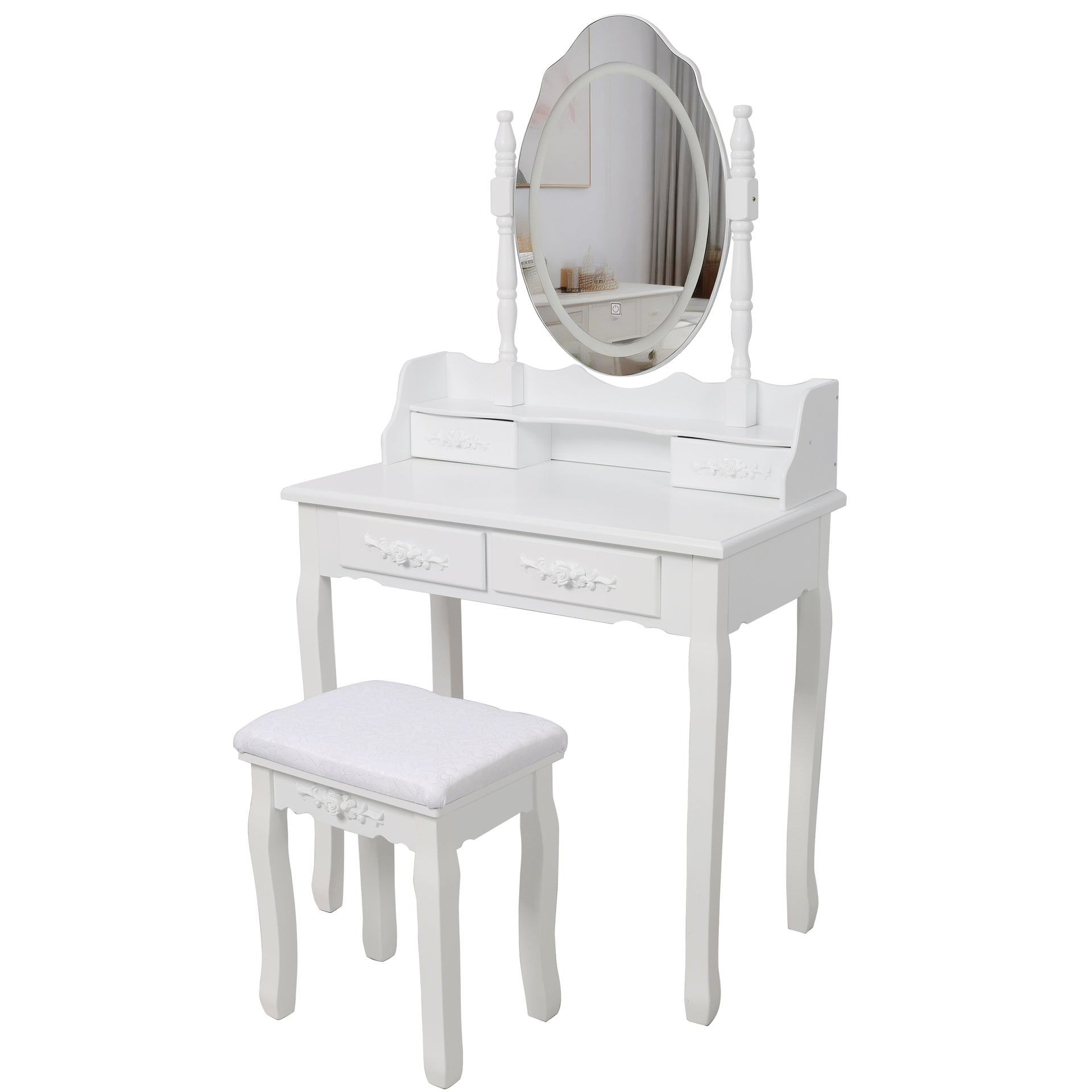 White Princess Vanity Desk Set with Mirror & Cushioned Stool,Light Modes,4-Drawer Wooden Makeup Vanity Table for Girls' Bedroom, Dressing Table with Ample Storage