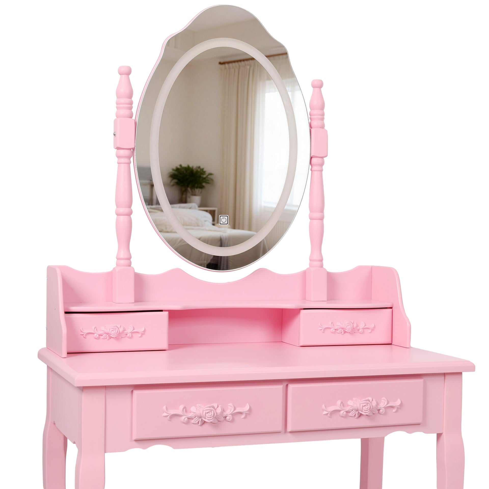 Pink Princess Vanity Desk Set with Mirror & Cushioned Stool,Light Modes,4-Drawer Wooden Makeup Vanity Table for Girls' Bedroom, Dressing Table with Ample Storage