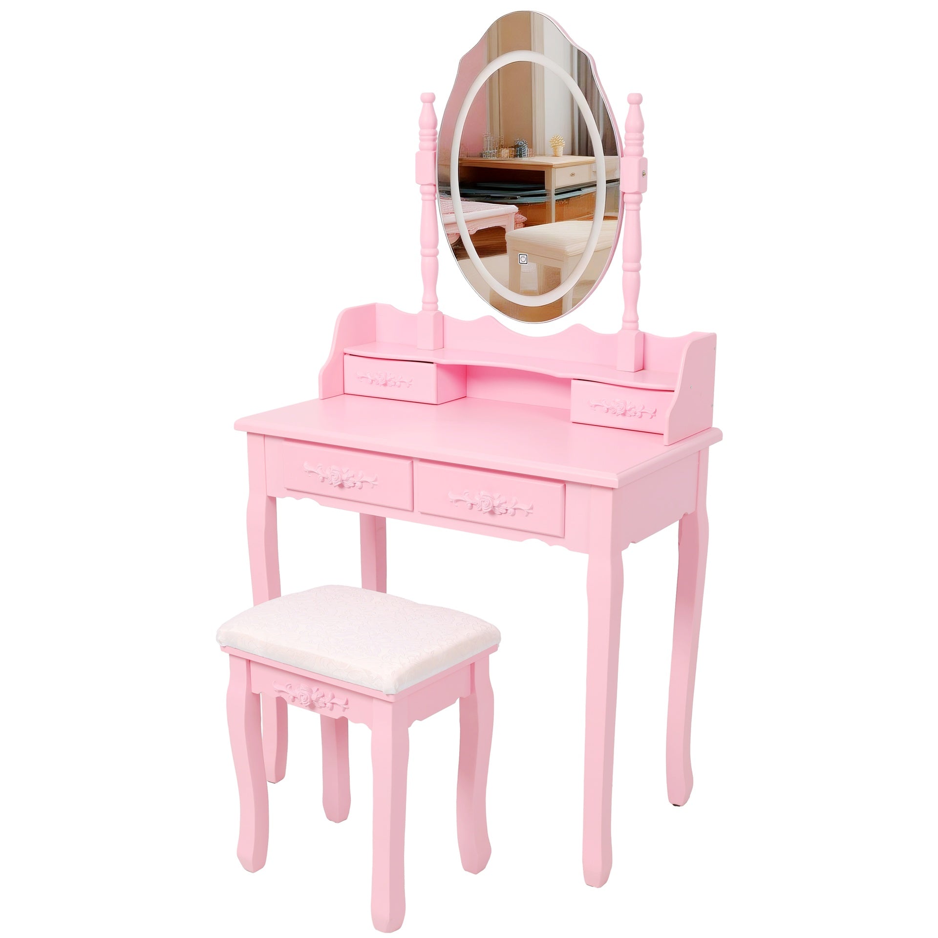 Pink Princess Vanity Desk Set with Mirror & Cushioned Stool,Light Modes,4-Drawer Wooden Makeup Vanity Table for Girls' Bedroom, Dressing Table with Ample Storage