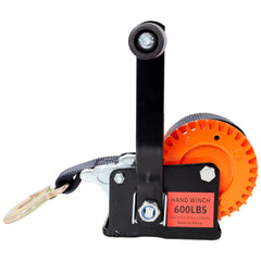 600LBS Hand Winch,with 19.6FT Black Strap,Orange & Black Shell,3.1:1 Gear Ratio Portable Winch,Two-Way Ratchet,Manual Operated Hand Crank Winch for Trailer, Boat or ATV Towing