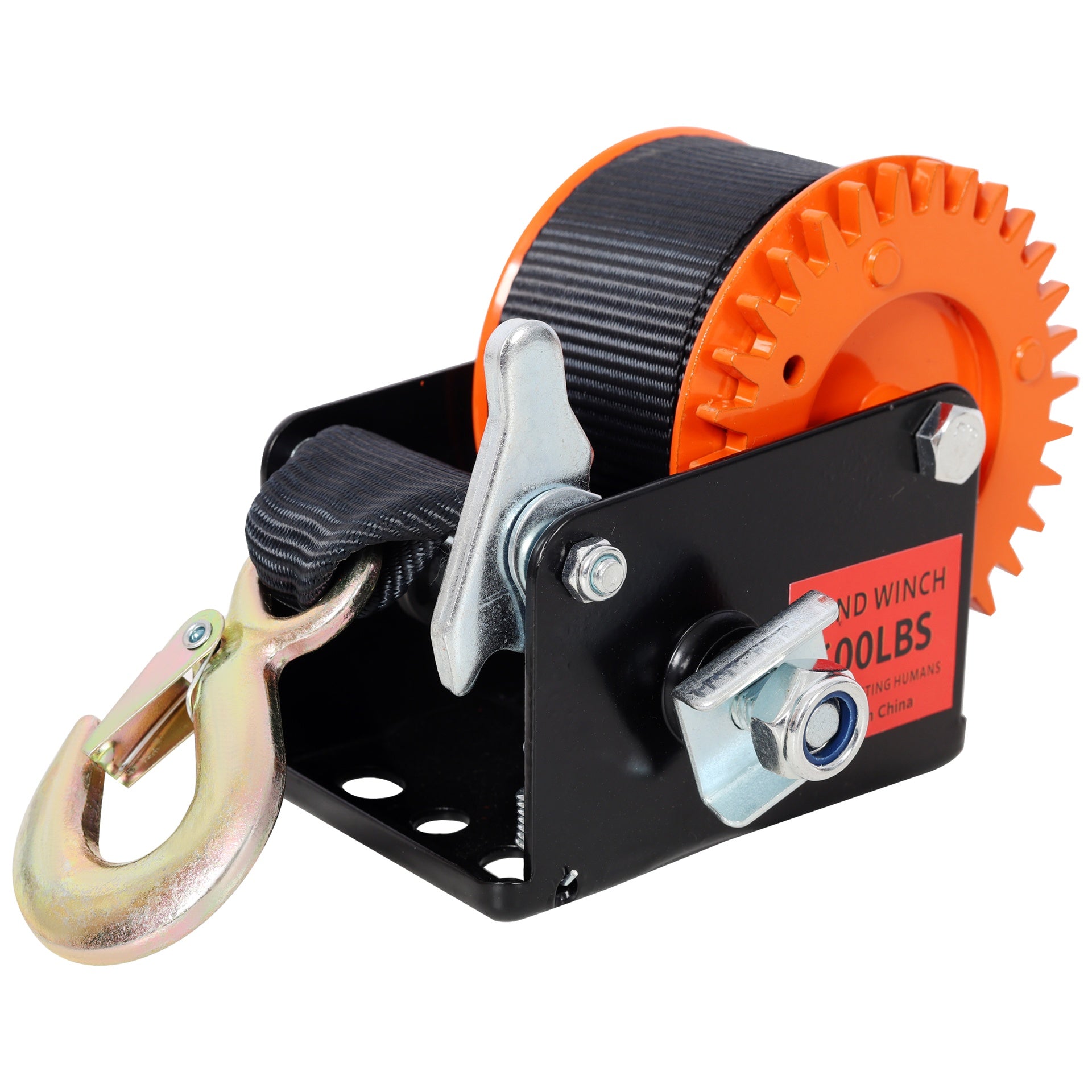 600LBS Hand Winch,with 19.6FT Black Strap,Orange & Black Shell,3.1:1 Gear Ratio Portable Winch,Two-Way Ratchet,Manual Operated Hand Crank Winch for Trailer, Boat or ATV Towing