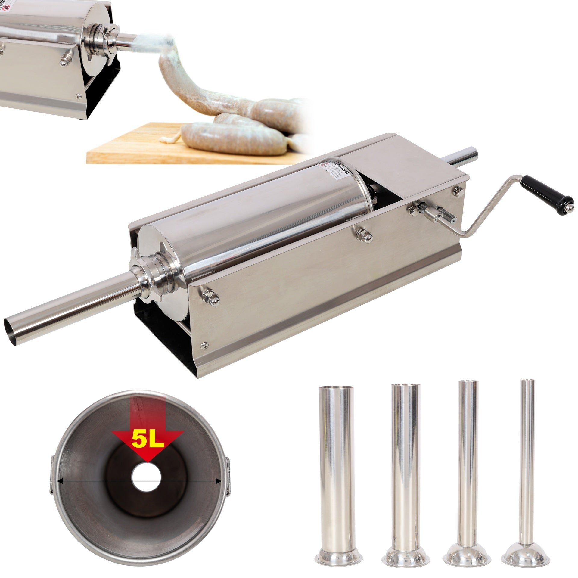 5L/11LBS Horizontal Sausage Stuffer,Stainless Steel,Manual Sausage Maker,With 4PCS Filling Nozzles, For Home & Commercial Use