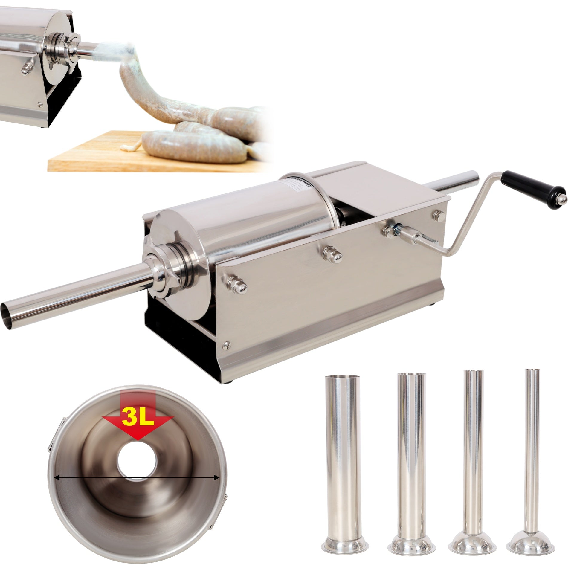 3L/7LBS Horizontal Sausage Stuffer,Stainless Steel,Manual Sausage Maker,With 4PCS Filling Nozzles, For Home & Commercial Use