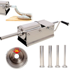 3L/7LBS Horizontal Sausage Stuffer,Stainless Steel,Manual Sausage Maker,With 4PCS Filling Nozzles, For Home & Commercial Use