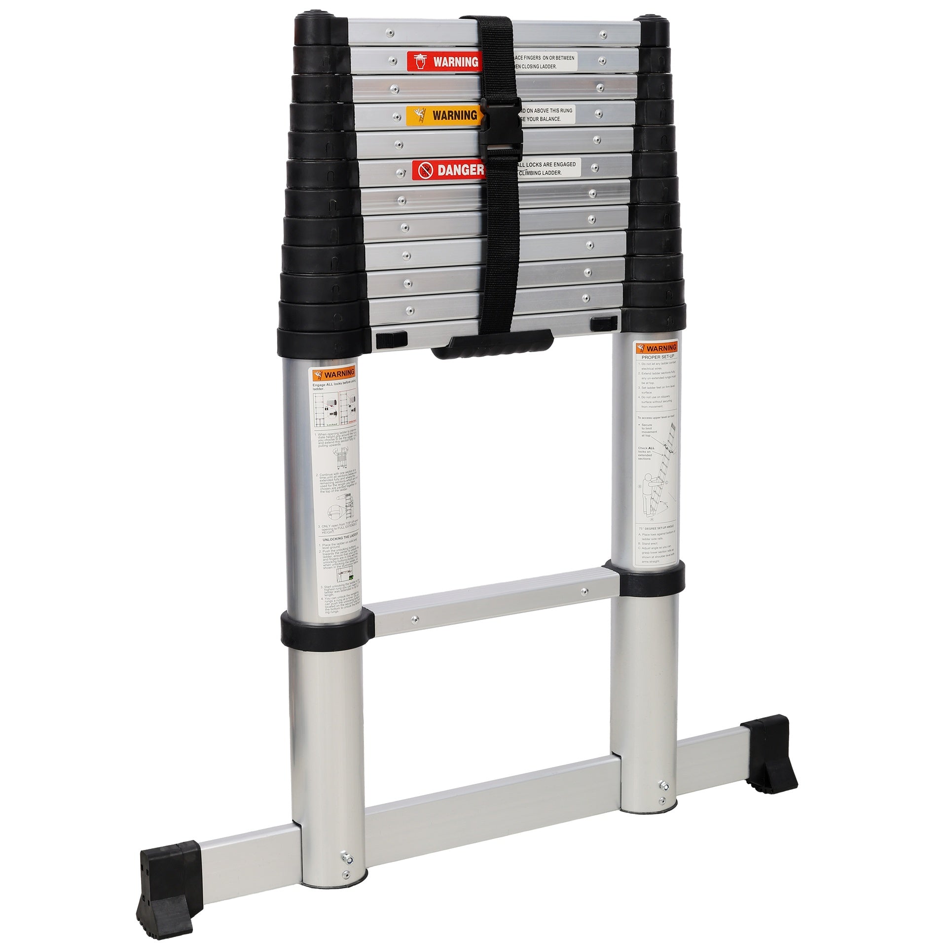 12.5FT Telescopic Ladder Aluminum Ladder with Non-Slip Feet, Slow Down Safety Function With Stabilizer Portable Extension Ladder for Household and Outdoor Working, 330lb Capacity Silver
