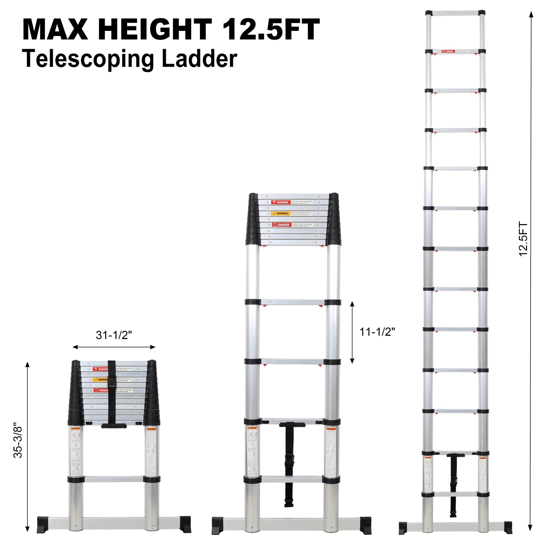 12.5FT Telescopic Ladder Aluminum Ladder with Non-Slip Feet, Slow Down Safety Function With Stabilizer Portable Extension Ladder for Household and Outdoor Working, 330lb Capacity Silver