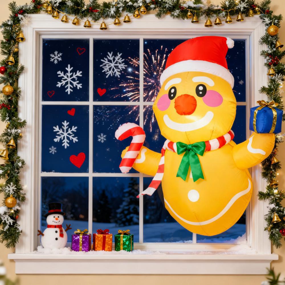 Holding Gift Box & Candy Cane LED Lights,Inflatable Hanging Gingerbread Man