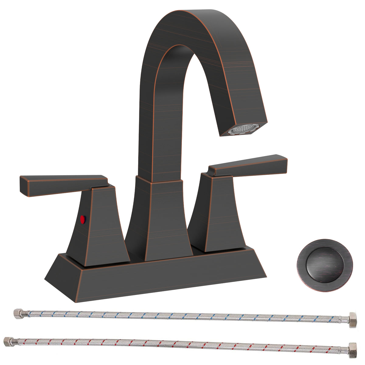 Bathroom Sink Faucet Oil Rubbed Bronze 2-Handle 4 Inch Center-Set Bathroom Sink Faucet, Sink Drain with Overflow Hole and 2 Supply Lines Included, Modern Vanity Basin Faucet
