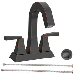 Bathroom Sink Faucet Oil Rubbed Bronze 2-Handle 4 Inch Center-Set Bathroom Sink Faucet, Sink Drain with Overflow Hole and 2 Supply Lines Included, Modern Vanity Basin Faucet