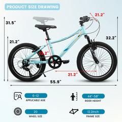 A20261 20 inch Children's Bicycle, Shock Absorbing Front Fork, 7 - Speed, V - brakes, Mountain Tire, Boys and Girls Kids Bike for Outdoor Adventure