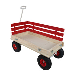 Red Wooden Wagon Cart with Folding Handle, Heavy Duty All-Terrain Kids Wagon for Outdoor, Garden, Camping, Beach & Playtime - Classic Pull-Along Utility Wagon