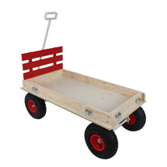 Red Wooden Wagon Cart with Folding Handle, Heavy Duty All-Terrain Kids Wagon for Outdoor, Garden, Camping, Beach & Playtime - Classic Pull-Along Utility Wagon