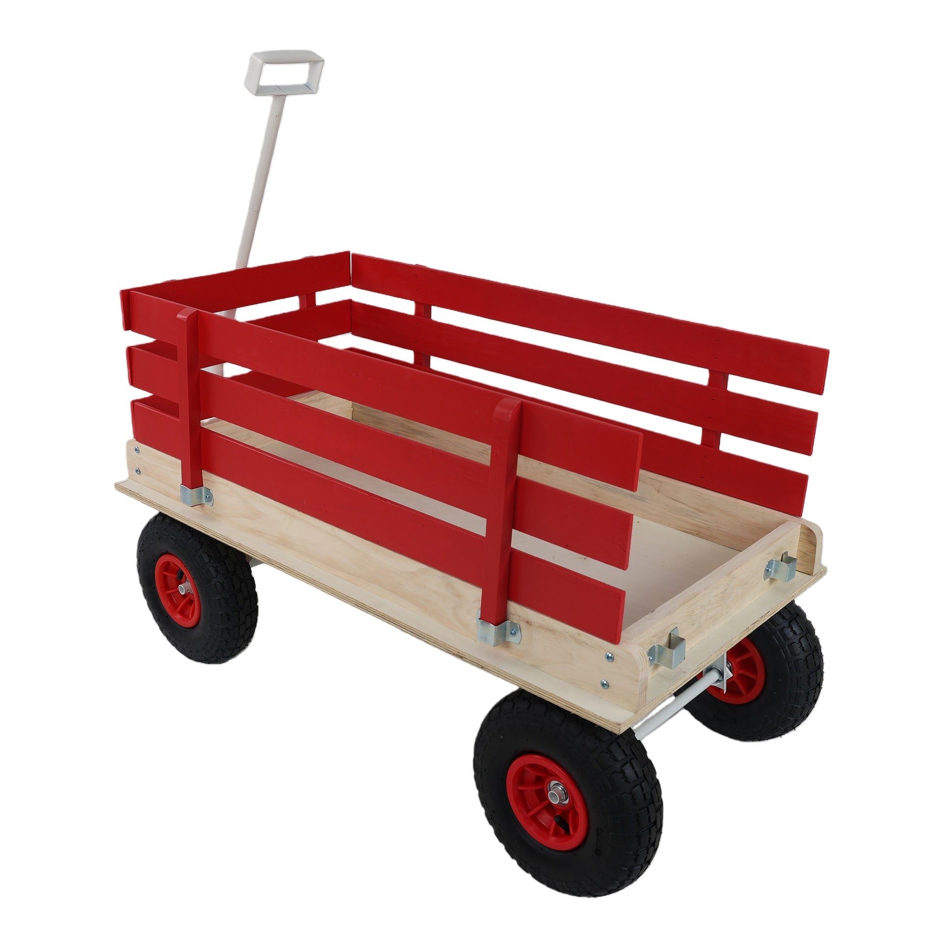Red Wooden Wagon Cart with Folding Handle, Heavy Duty All-Terrain Kids Wagon for Outdoor, Garden, Camping, Beach & Playtime - Classic Pull-Along Utility Wagon