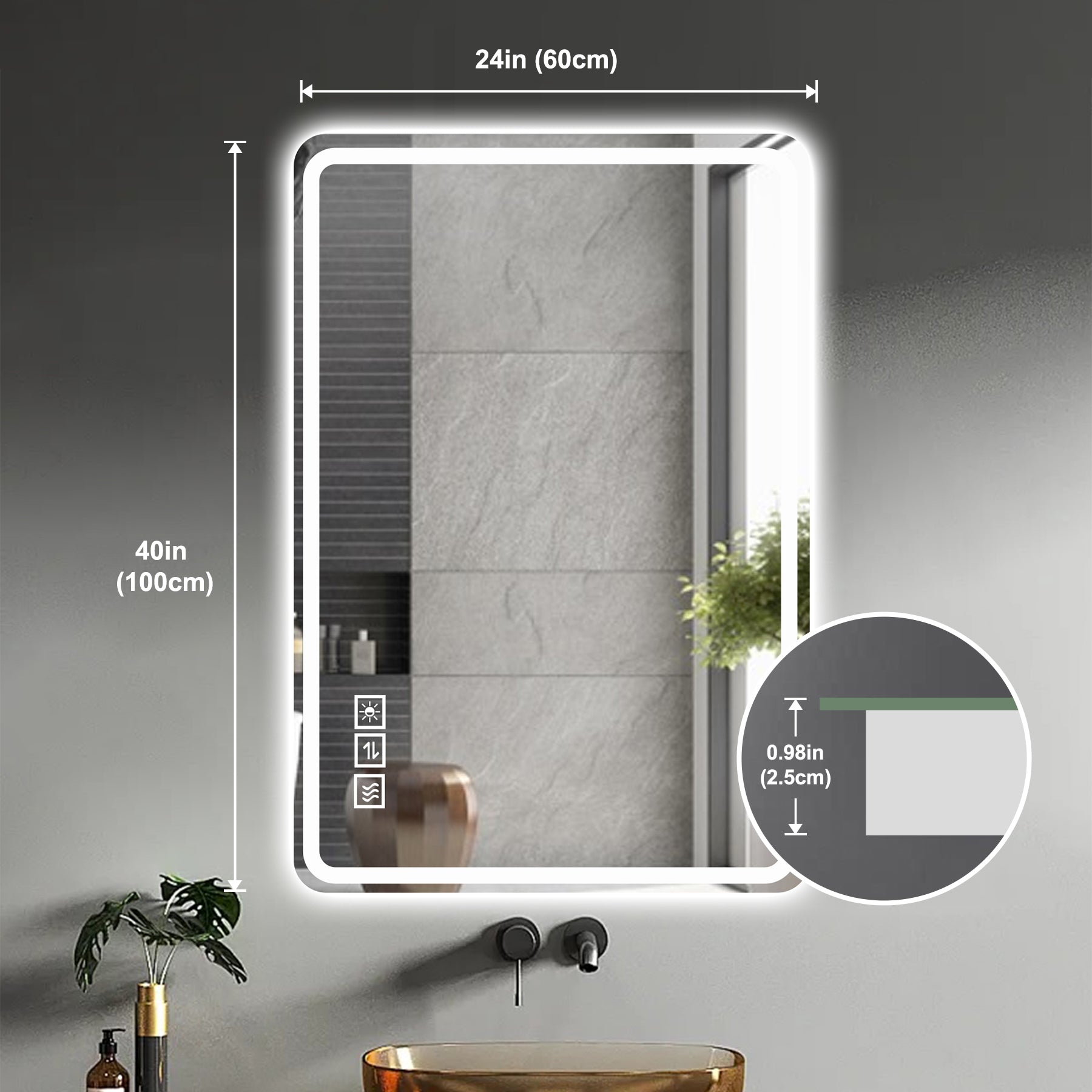 24X40 Inch LED Bathroom Mirror Vanity Mirrors with Front Lights Wall Mounted Anti-Fog Frameless Make Up Mirror with Light 5 mm Copper-Free Silver Mirror Horizontal or Vertical