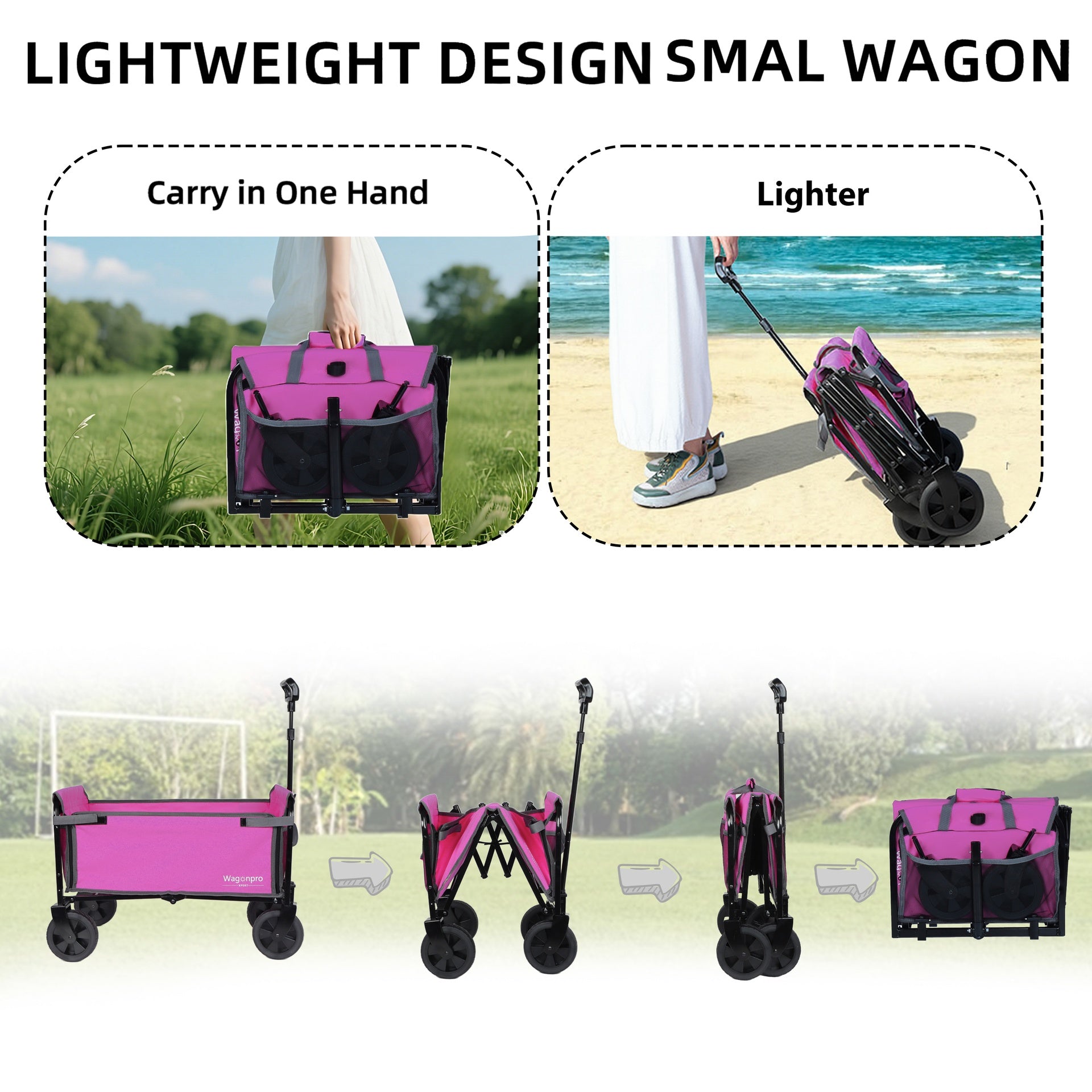 All-in-One Convertible Folding 4-Wheel Trolley with Bench Seat and Dog Leash - Heavy Duty Foldable Utility Trolley for Camping, Beach, Shopping - Versatile Seating and Storage Space, pink