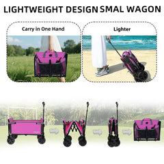 All-in-One Convertible Folding 4-Wheel Trolley with Bench Seat and Dog Leash - Heavy Duty Foldable Utility Trolley for Camping, Beach, Shopping - Versatile Seating and Storage Space, pink