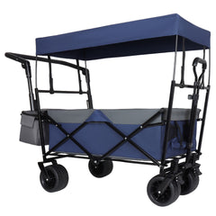 With Push Handle, 480Lbs Collapsible Wagon with Canopy, Wagon cart with 7" All-Terrain Wheels, Lightweight Foldable Wagon, Large Capacity for Camping, Shopping, Sports, and Garden Use, dark blue