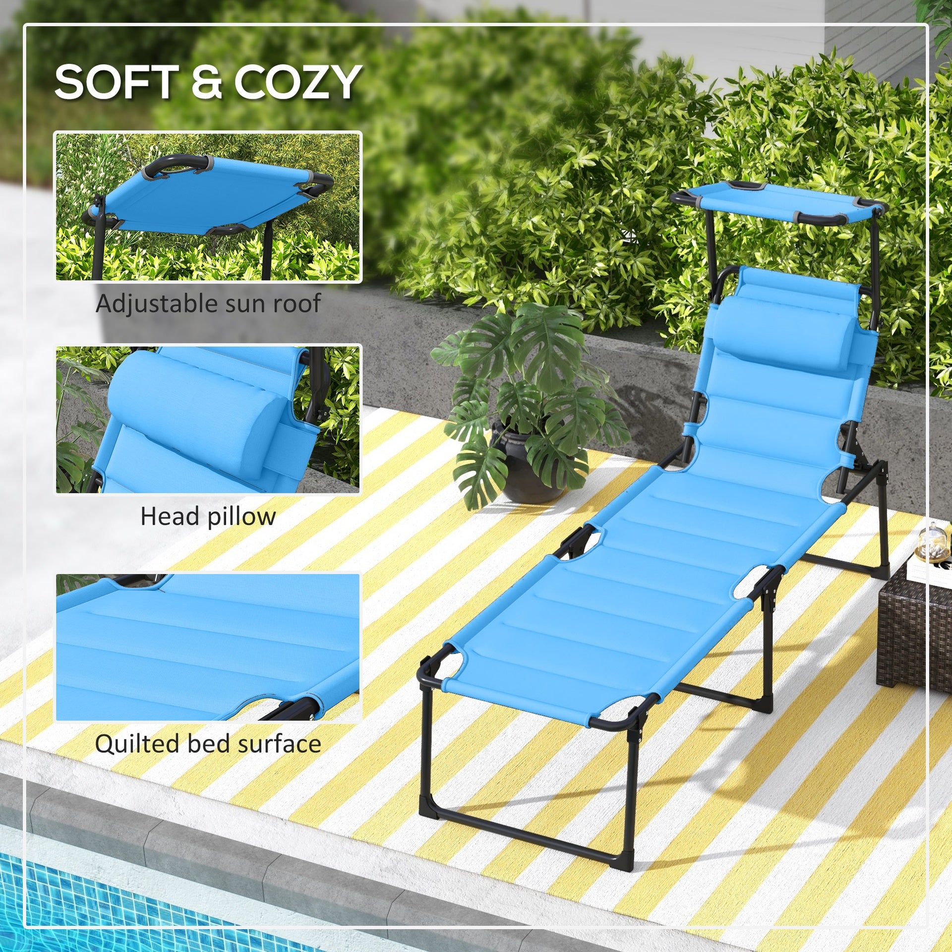 Outsunny 2 Pcs Outdoor Lounge Chair, Adjustable Backrest Folding Chaise Lounge, Cushioned Tanning Chair w/Sunshade Roof & Pillow Headrest for Beach, Camping, Hiking, Light Blue