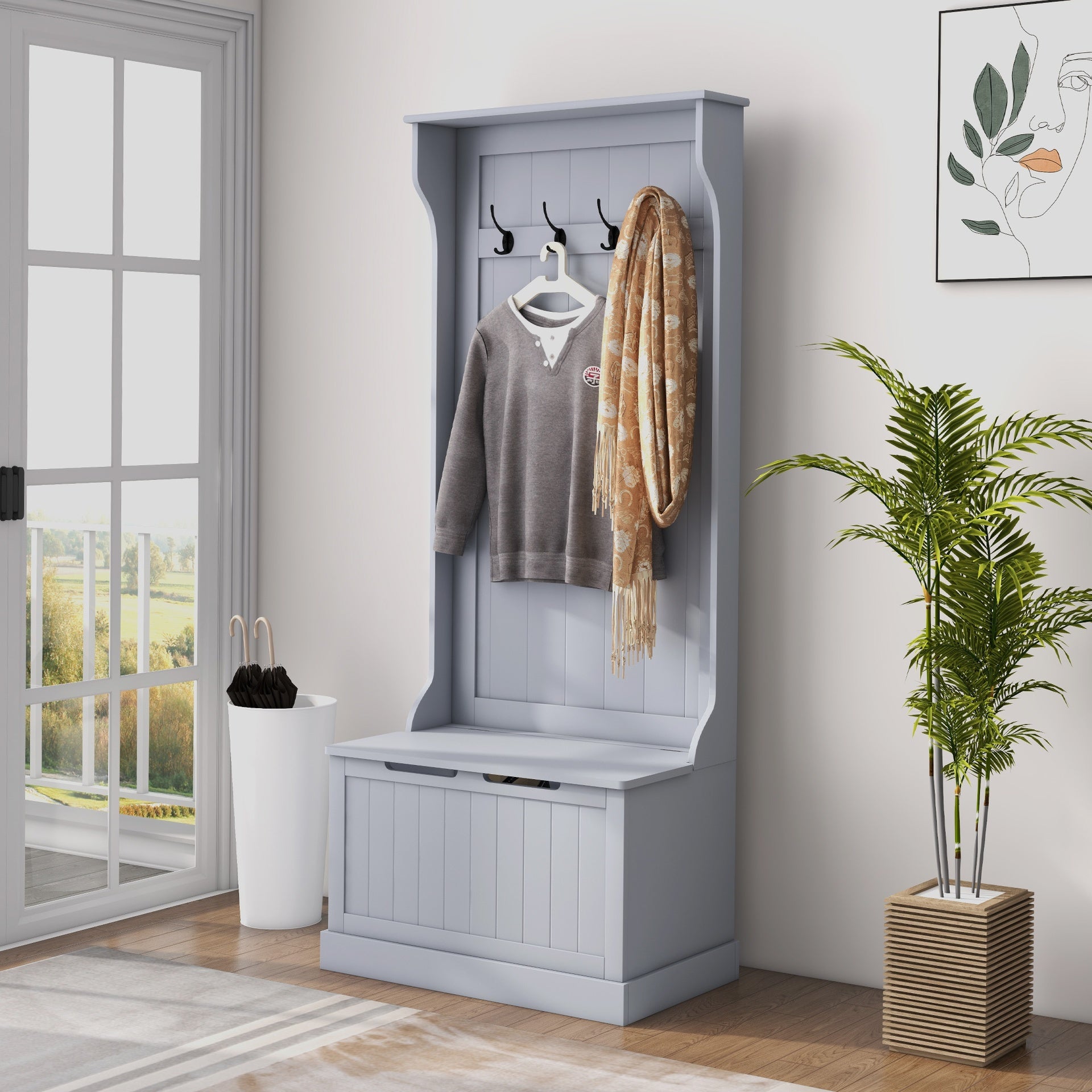 HOMCOM 28" 3-In-1 Entryway Hall Tree with Storage Bench, Coat Rack with Four Hooks and Shoe Storage, Gray