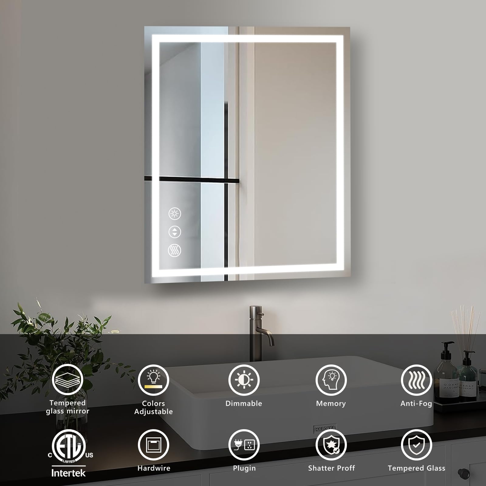 24 x 32 Inches LED Bathroom Mirror with Front and Backlit,Anti-Fog,3 Colors and Dimmable Light,Tempered Glass