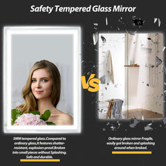 24 x 32 Inches LED Bathroom Mirror with Front and Backlit,Anti-Fog,3 Colors and Dimmable Light,Tempered Glass