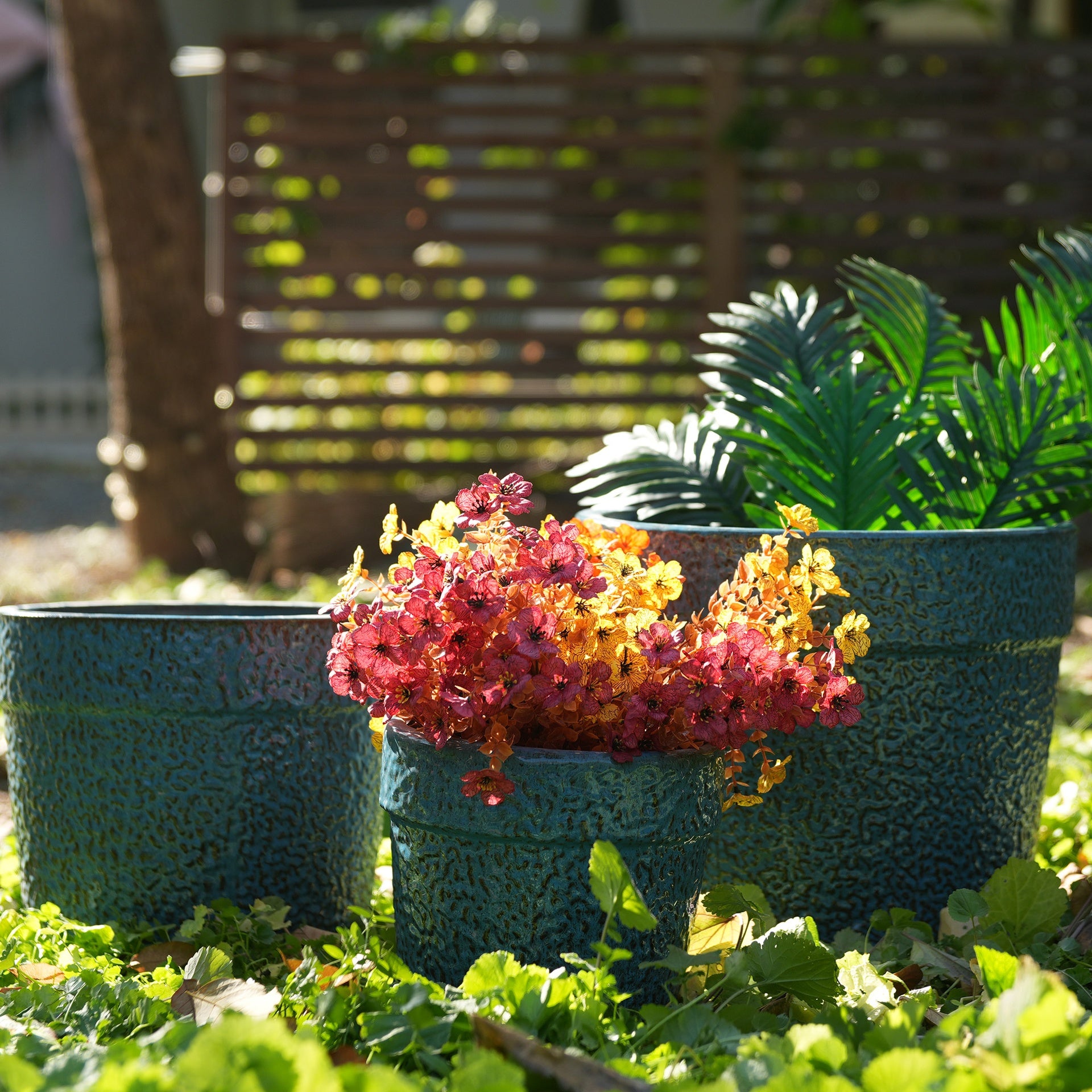 Handmade Ceramic Planter Set of 3, 15/12/9 Inch Diameter, Blue Textured Pattern, for Succulents & Indoor Plants, Windowsill & Bookshelf Use, Breathable Clay
