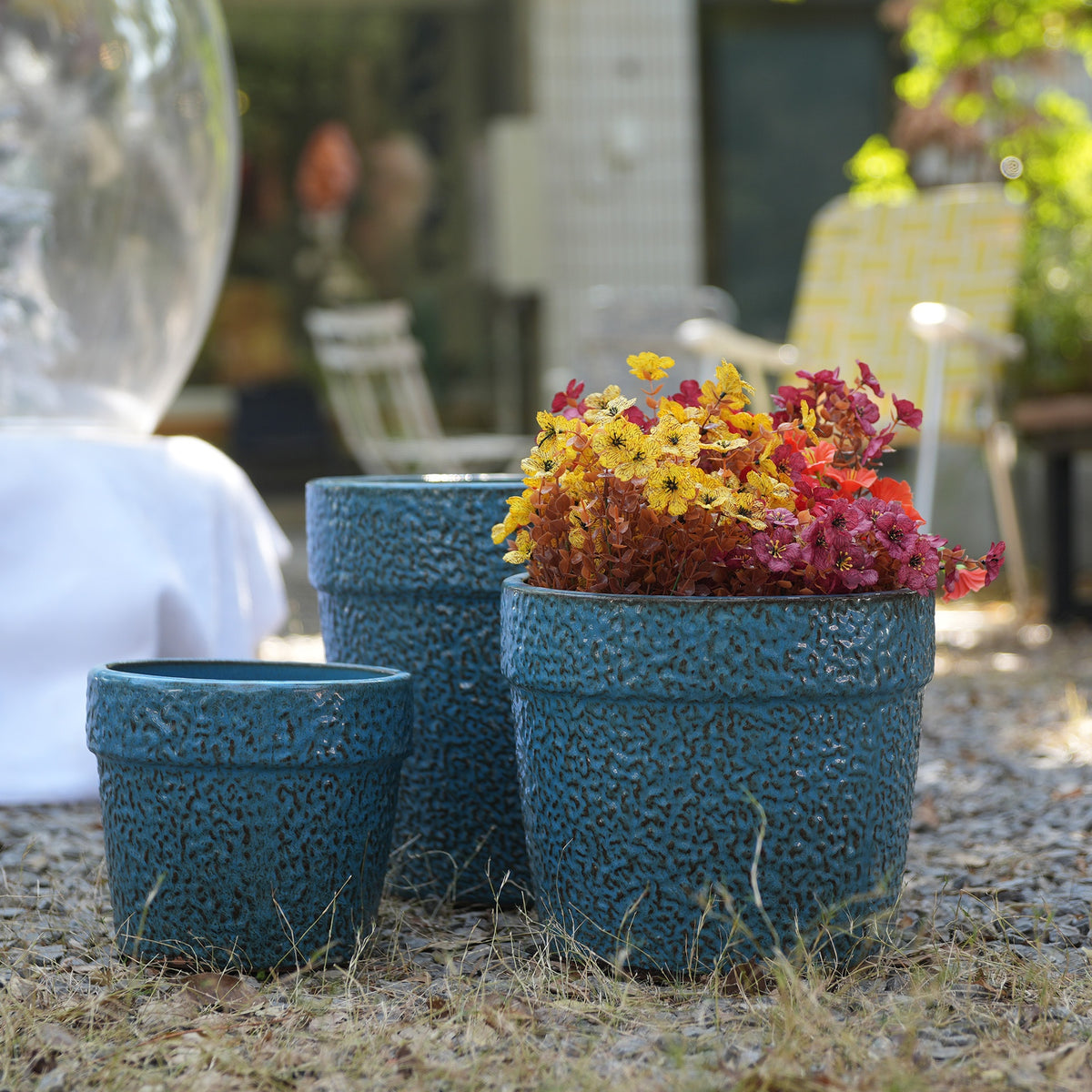 Handmade Ceramic Planter Set of 3, 15/12/9 Inch Diameter, Blue Textured Pattern, for Succulents & Indoor Plants, Windowsill & Bookshelf Use, Breathable Clay