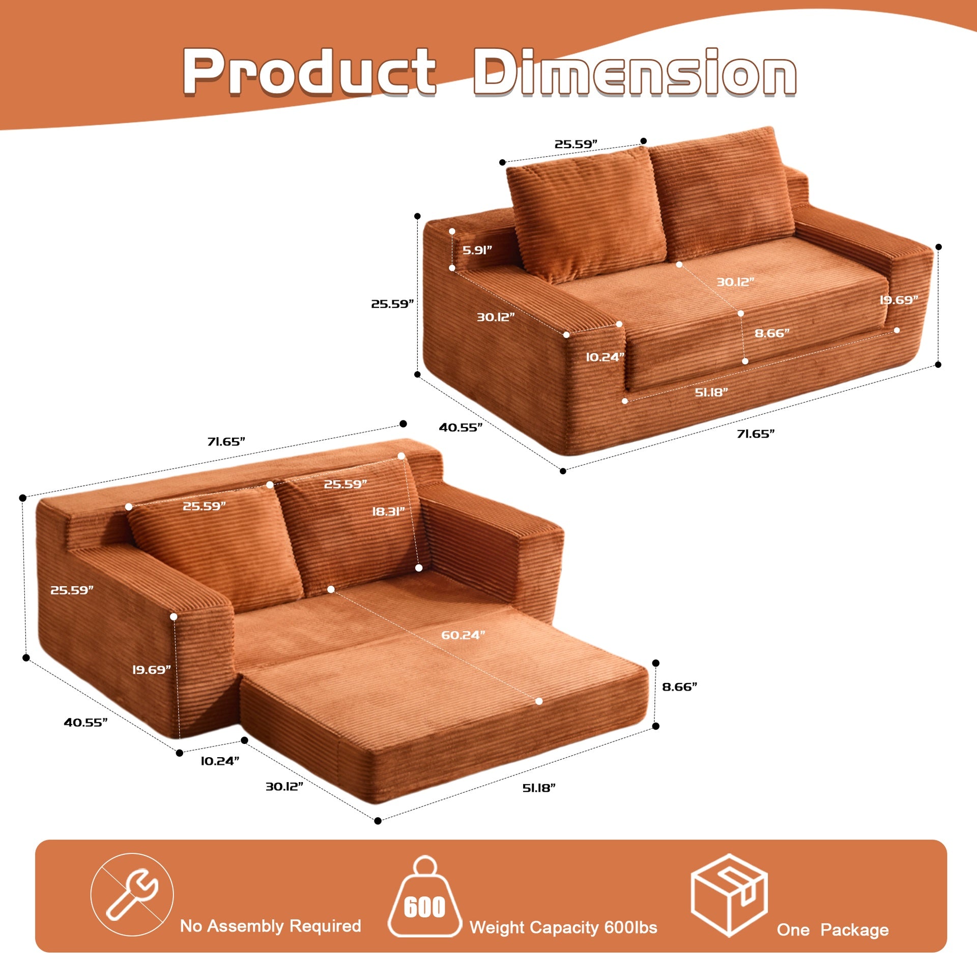 Loveseat Sofa, Comfortable Deep Seat Sofa Bed, Modern Small Corduroy Couch for Living Room Bedroom,Reversible Cushion with Pillows,No Assembly Required,Orange