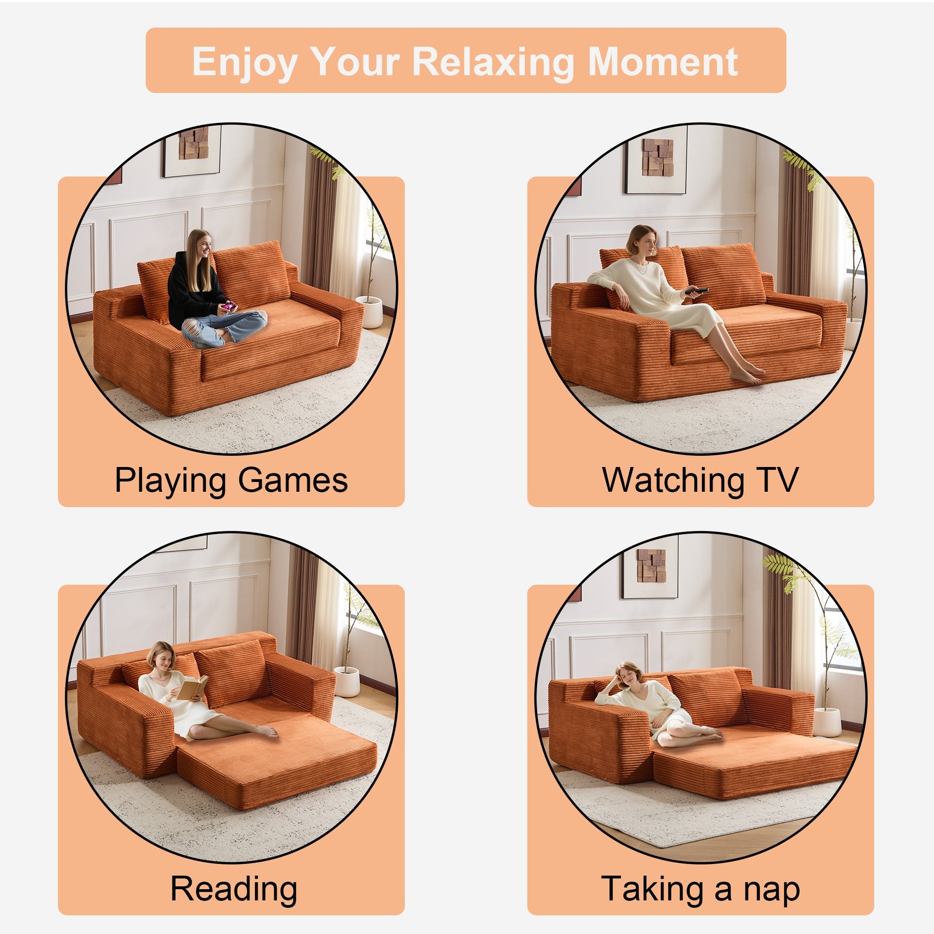 Loveseat Sofa, Comfortable Deep Seat Sofa Bed, Modern Small Corduroy Couch for Living Room Bedroom,Reversible Cushion with Pillows,No Assembly Required,Orange