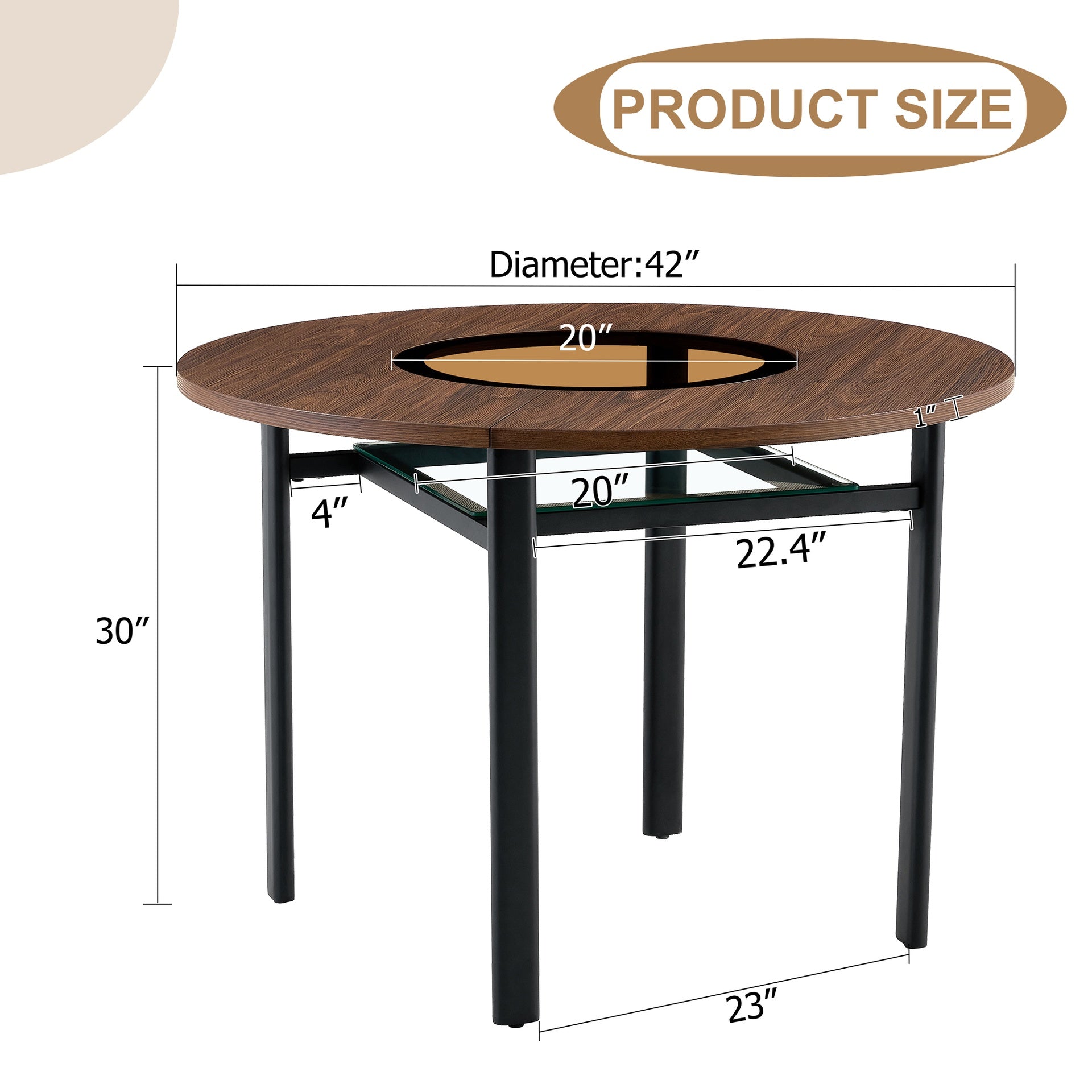 42 inch modern minimalist brown wood grain round dining table suitable for 4-6 people (brown glass inlay+metal stable bracket, suitable for multiple scenarios).