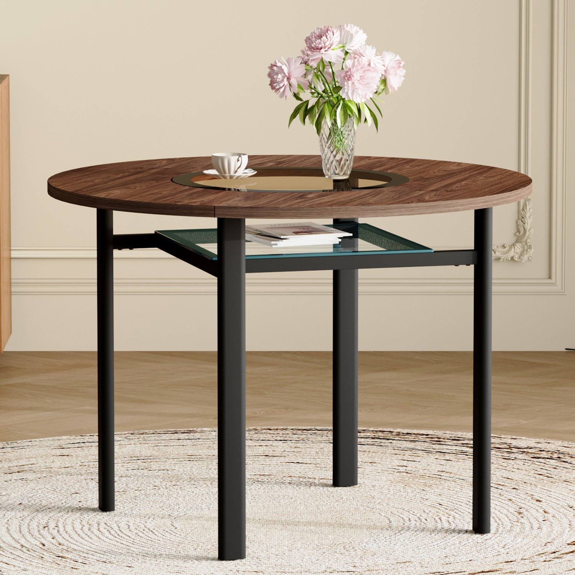 42 inch modern minimalist brown wood grain round dining table suitable for 4-6 people (brown glass inlay+metal stable bracket, suitable for multiple scenarios).