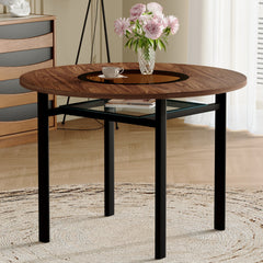 42 inch modern minimalist brown wood grain round dining table suitable for 4-6 people (brown glass inlay+metal stable bracket, suitable for multiple scenarios).
