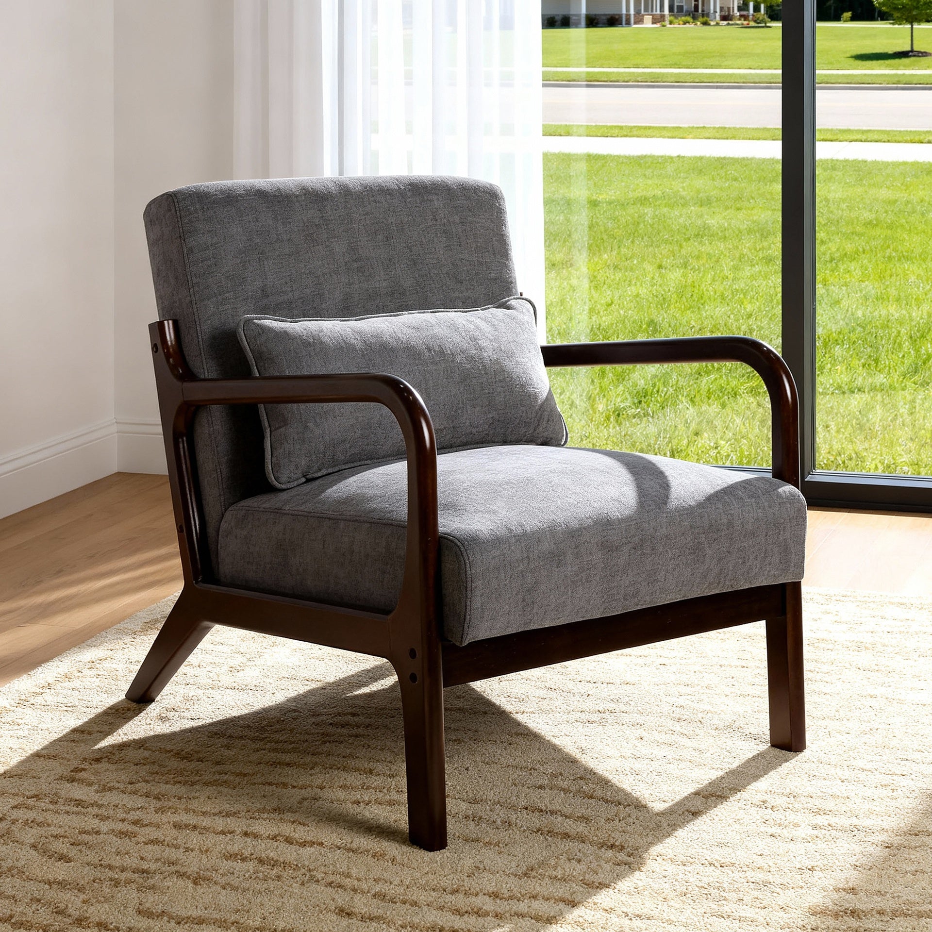 Mid Century Modern Armchair, Accent Chair with Solid Wood Frame and Detachable Lumbar Pillow for Living Room, Bedroom, Office(Antique Dark Grey)