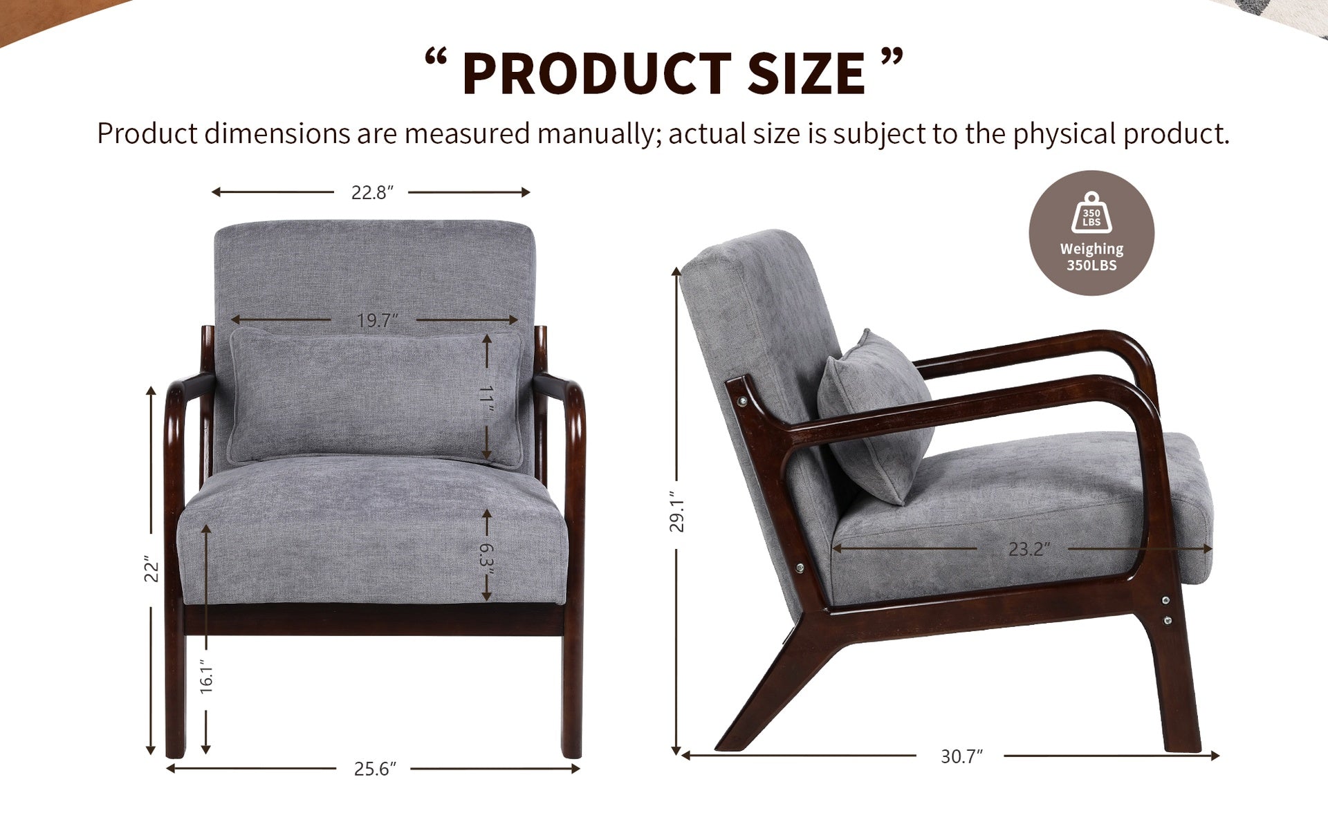 Mid Century Modern Armchair, Accent Chair with Solid Wood Frame and Detachable Lumbar Pillow for Living Room, Bedroom, Office(Antique Dark Grey)